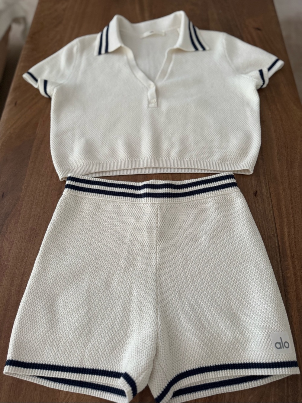 ALO Yoga Cream Knit Short Set with Navy Trim